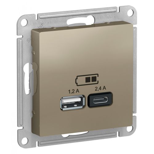 ATN000539 | ATLASDESIGN USB РОЗЕТКА А+С, 5В/2,4А, 2х5В/1,2А, механизм, ШАМПАНЬ Systeme Electric