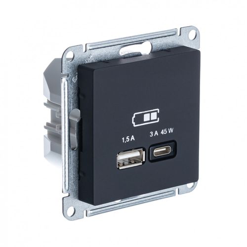 ATN001029 | ATLASDESIGN USB РОЗЕТКА A + тип-C 45Вт высокоскор.заряд. QC, PD, мех., КАРБОН Systeme Electric