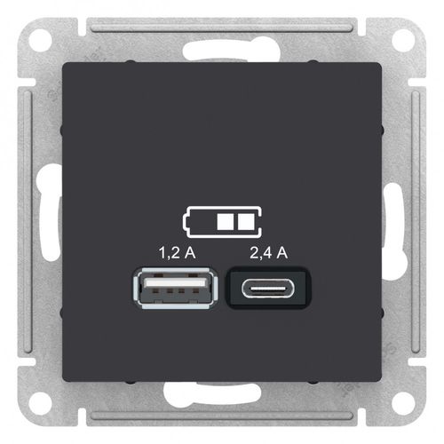 ATN001039 | ATLASDESIGN USB РОЗЕТКА А+С, 5В/2,4А, 2х5В/1,2 А, механизм, КАРБОН Systeme Electric