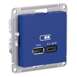 ATN001129 | ATLASDESIGN USB РОЗЕТКА A + тип-C 45Вт высокоскор.заряд. QC,PD, механизм,АКВАМАР Systeme Electric