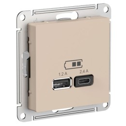 ATN001239 | ATLASDESIGN USB РОЗЕТКА A+С, 5В/2,4А, 2х5В/1,2А, механизм, ПЕСОЧНЫЙ Systeme Electric