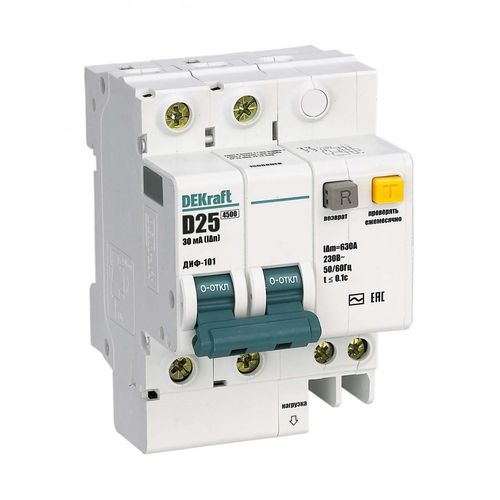 15088DEK | АВДТ 2Р 25А 30мА AC х-ка D ДИФ-101 4,5кА DEKraft

