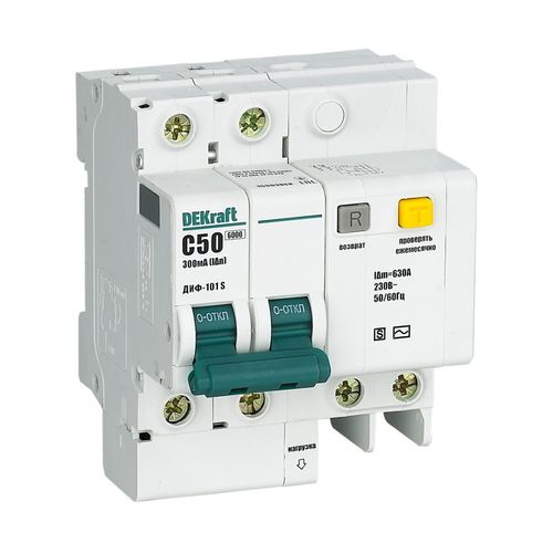 15308DEK | АВДТ со встр. защ. от сверхтоков 2P 50A 300мА селективный ДИФ-101 S DEKraft
