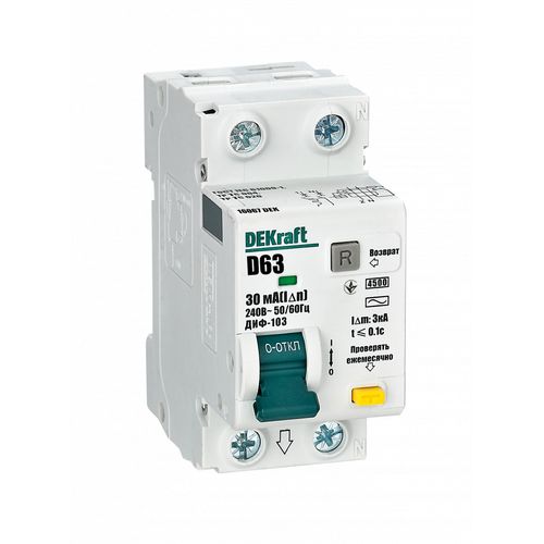 16067DEK | АВДТ 1Р+N 63А 30мА тип AC х-ка D ДИФ-103 4.5кА DEKraft

