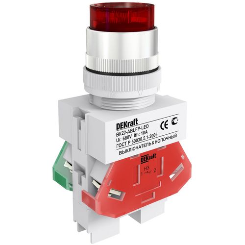25027DEK | Выкл. кноп. ABLFP D22 КРАСНЫЙ LED 220В ВK-22 DEKraft
