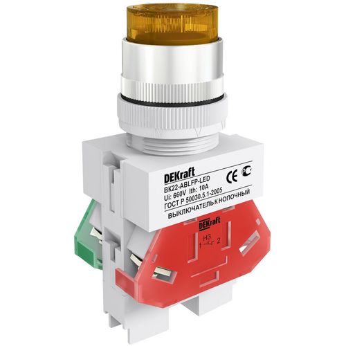 25028DEK | Выкл. кноп. ABLFP D22 ЖЕЛТЫЙ LED 220В ВK-22 DEKraft
