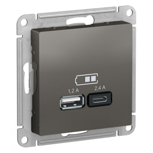 ATN000939 | ATLASDESIGN USB РОЗЕТКА А+С, 5В/2,4 А, 2х5В/1,2 А, механизм, СТАЛЬ Systeme Electric
