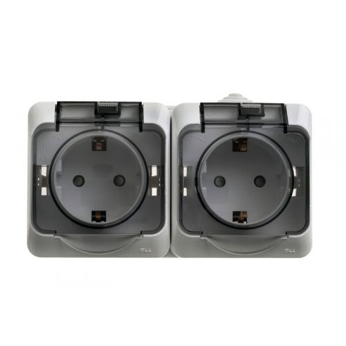PA16-244C | ЭТЮД IP44 О/У двойная РОЗЕТКА с заземлением со шторками 16А 250В, СЕРЫЙ, Россия Systeme Electric
