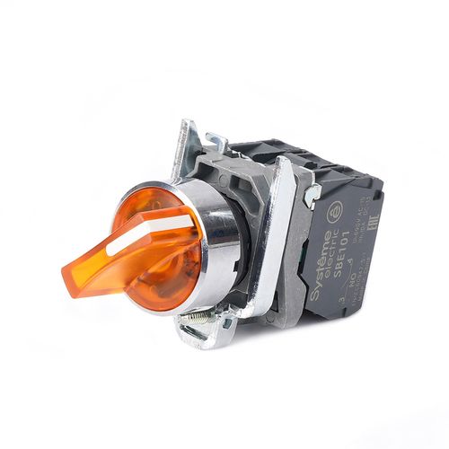 SB4BK125B5 | Пер-ль SB4 с подсвет в сборе 22мм 2поз желт с фикс металл 24В DC 1НО+1НЗ Systeme Electric
